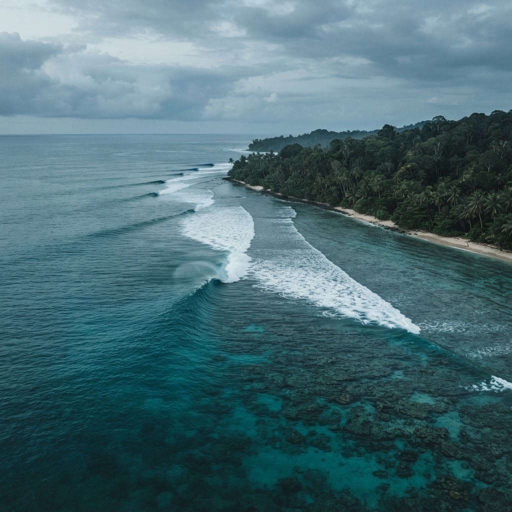 Aerial view of a reef break and jungle coastline in the Mentawai Islands