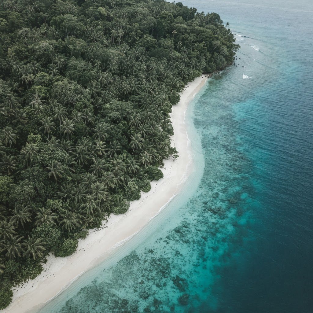 Aerial view of a tropical island coastline