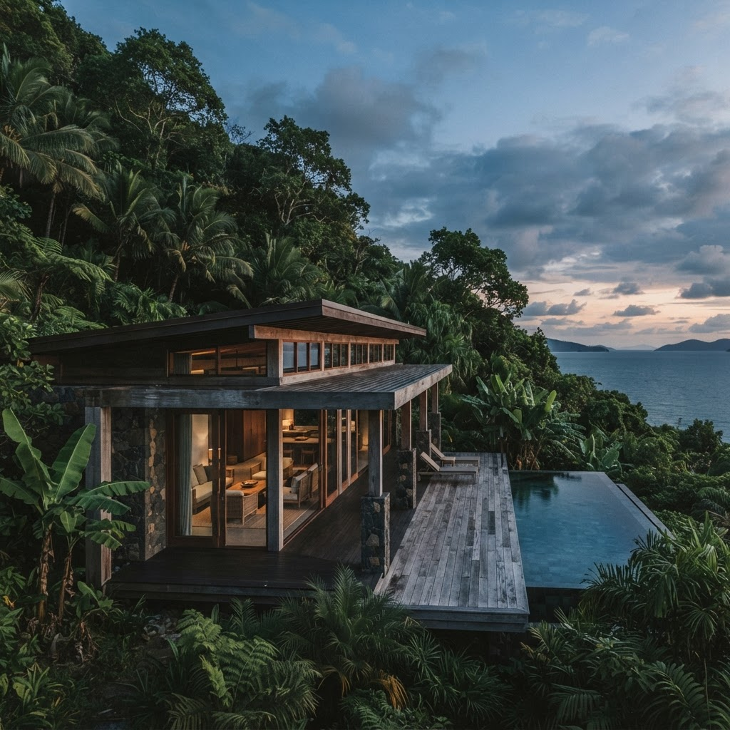A minimalist villa tucked under the jungle canopy with an ocean view