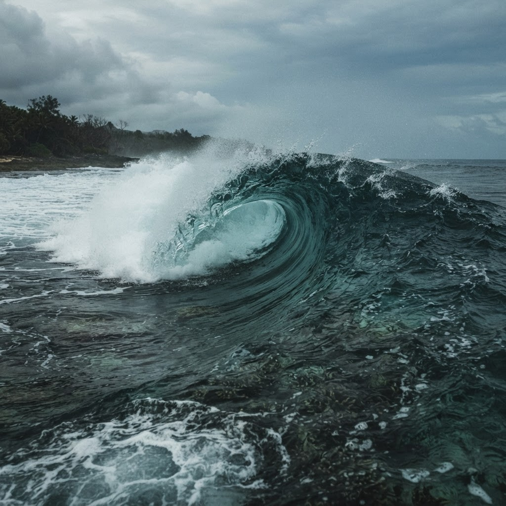 A barreling wave breaking over a reef
